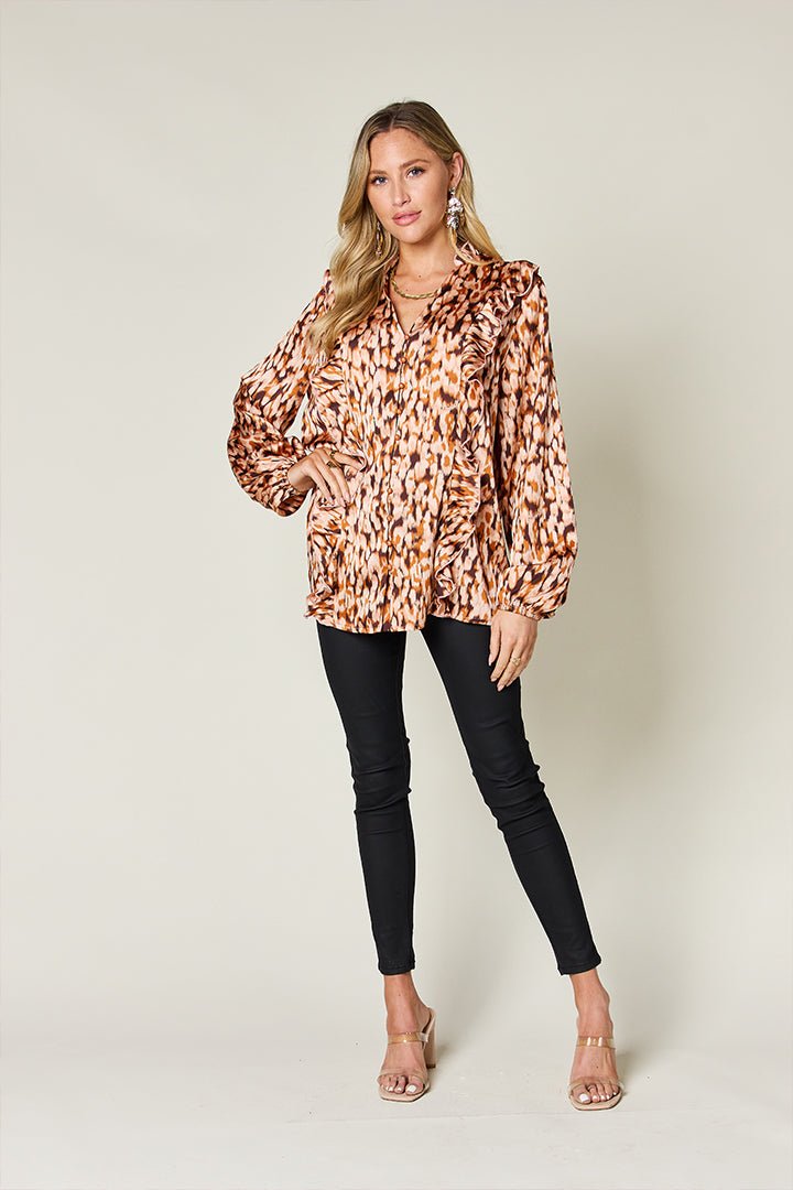 Double Take Full Size Printed Ruffle Trim Balloon Sleeve Shirt - Bella Blue Styles