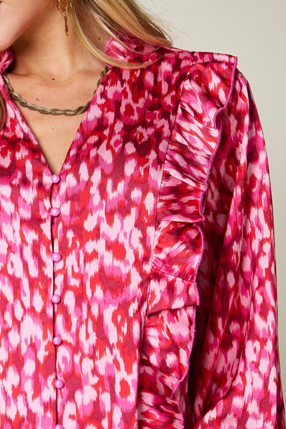 Double Take Full Size Printed Ruffle Trim Balloon Sleeve Shirt - Bella Blue Styles