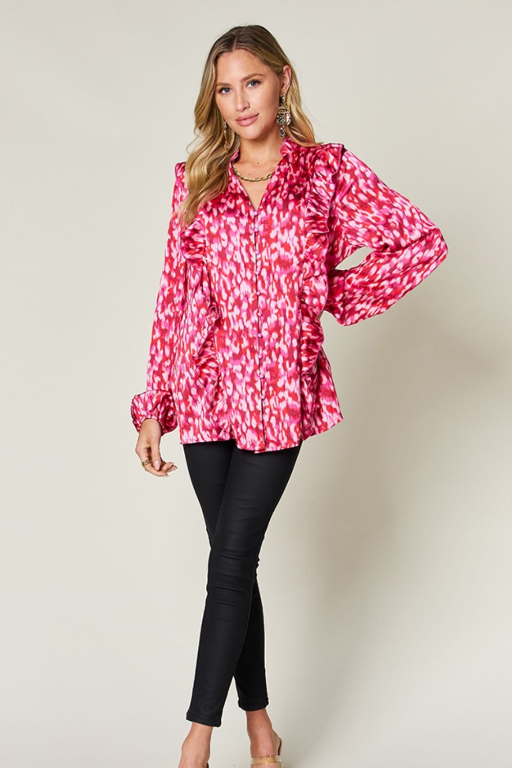 Double Take Full Size Printed Ruffle Trim Balloon Sleeve Shirt - Bella Blue Styles