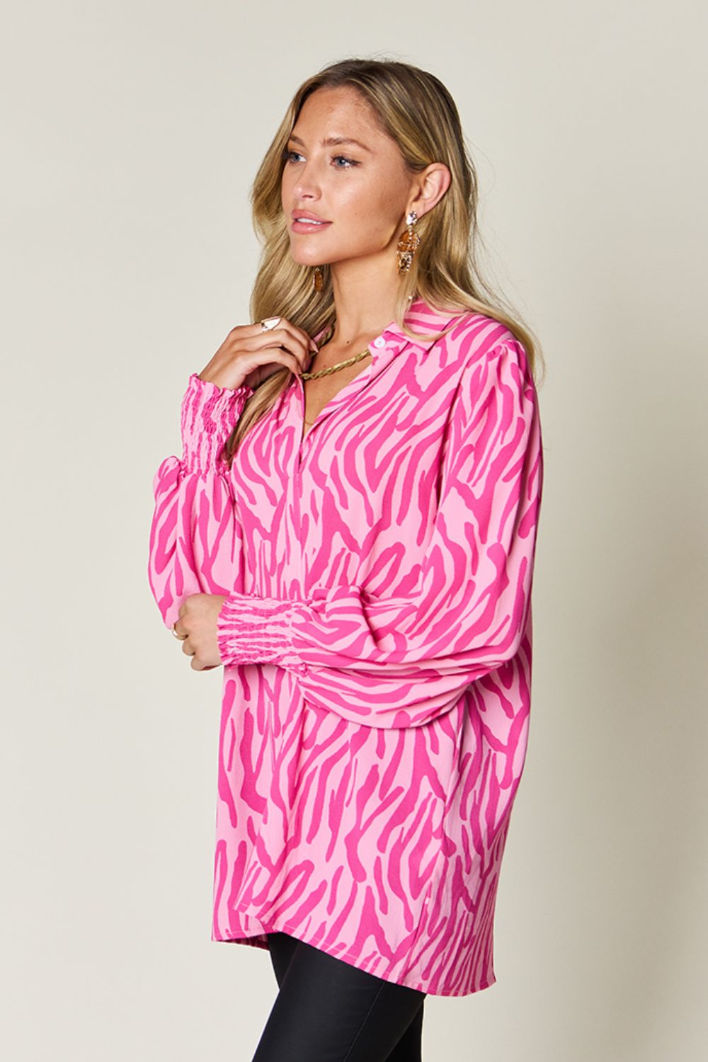 Double Take Full Size Printed Smocked Long Sleeve Blouse - Bella Blue Styles