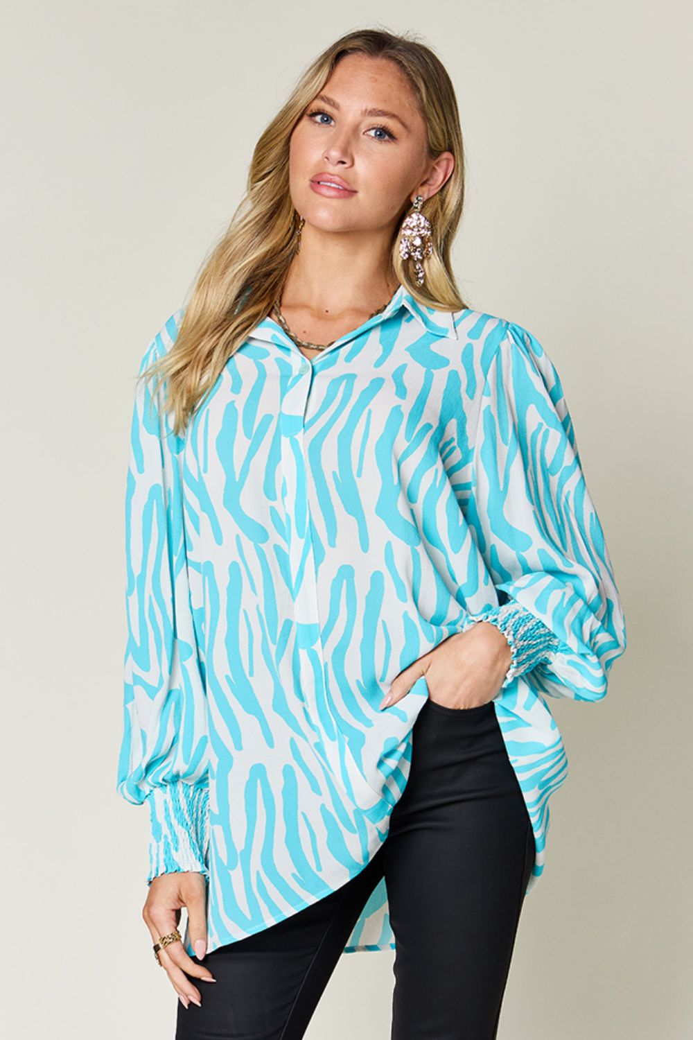 Double Take Full Size Printed Smocked Long Sleeve Blouse - Bella Blue Styles