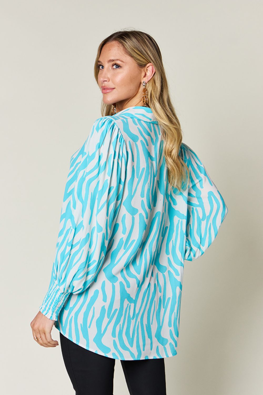 Double Take Full Size Printed Smocked Long Sleeve Blouse - Bella Blue Styles