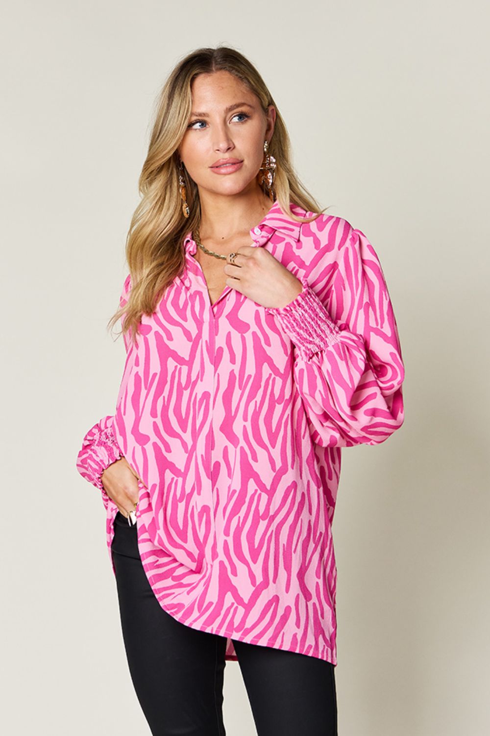 Double Take Full Size Printed Smocked Long Sleeve Blouse - Bella Blue Styles