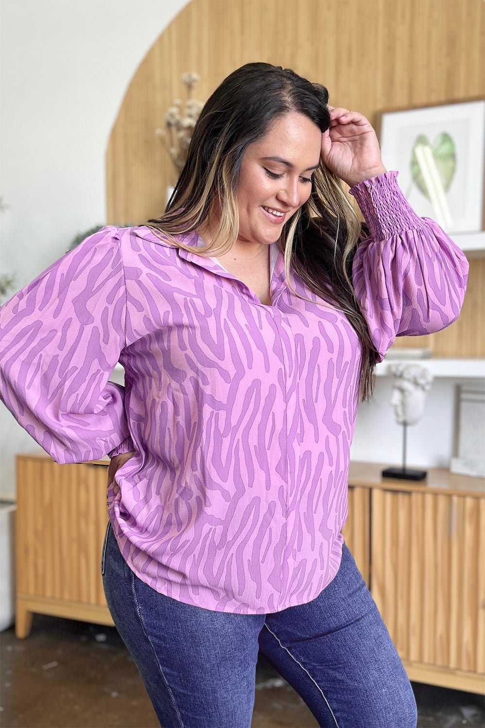 Double Take Full Size Printed Smocked Long Sleeve Blouse - Bella Blue Styles
