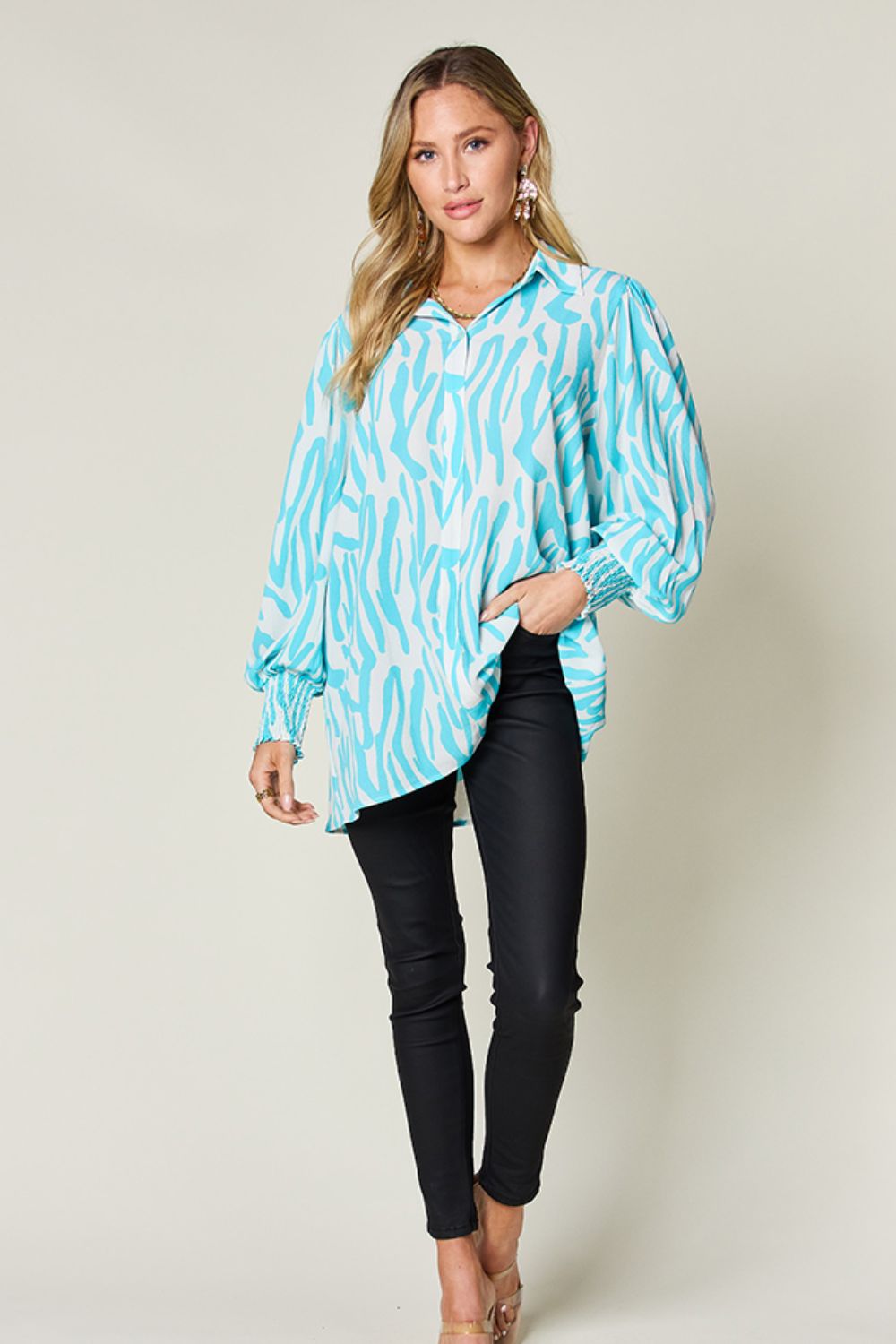 Double Take Full Size Printed Smocked Long Sleeve Blouse - Bella Blue Styles