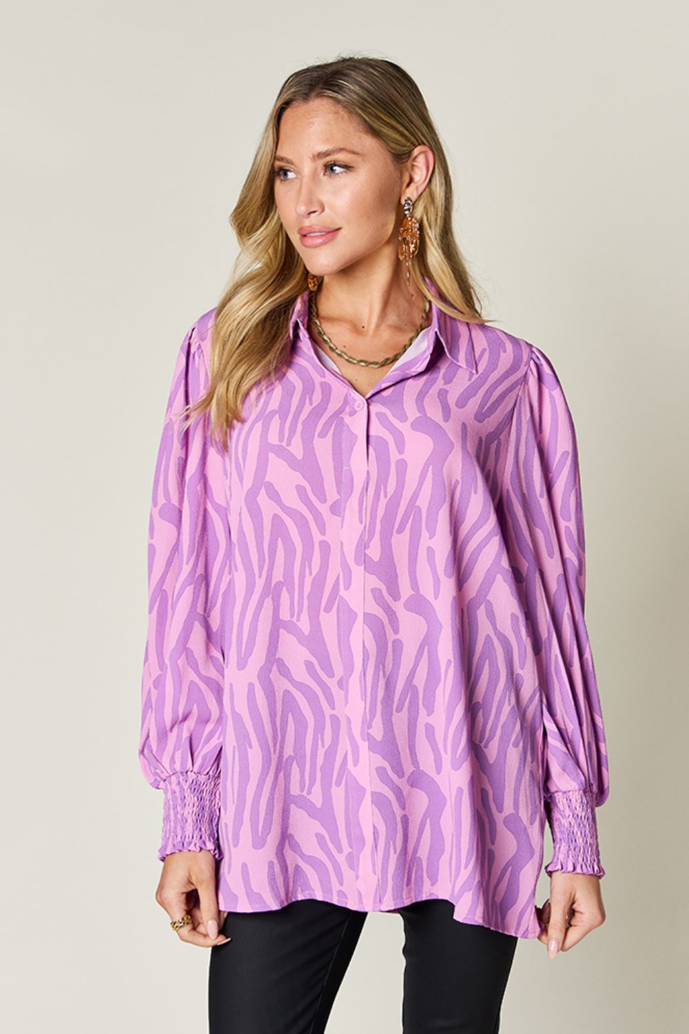 Double Take Full Size Printed Smocked Long Sleeve Blouse - Bella Blue Styles