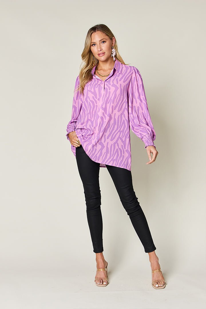 Double Take Full Size Printed Smocked Long Sleeve Blouse - Bella Blue Styles