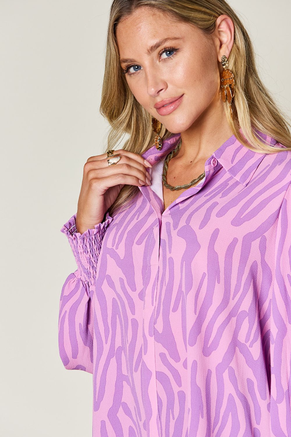 Double Take Full Size Printed Smocked Long Sleeve Blouse - Bella Blue Styles