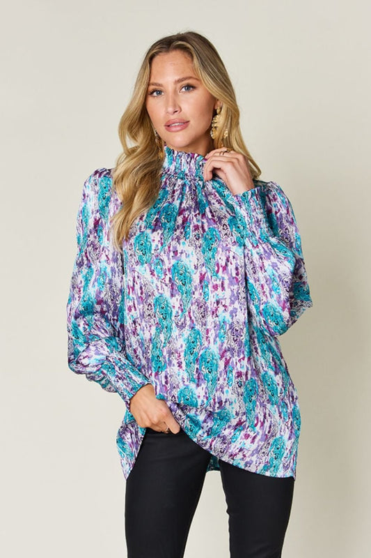 Double Take Full Size Printed Smocked Long Sleeve Blouse - Bella Blue Styles