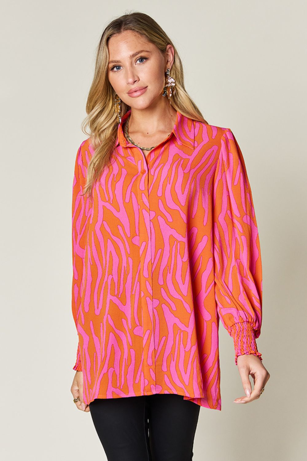 Double Take Full Size Printed Smocked Long Sleeve Blouse - Bella Blue Styles