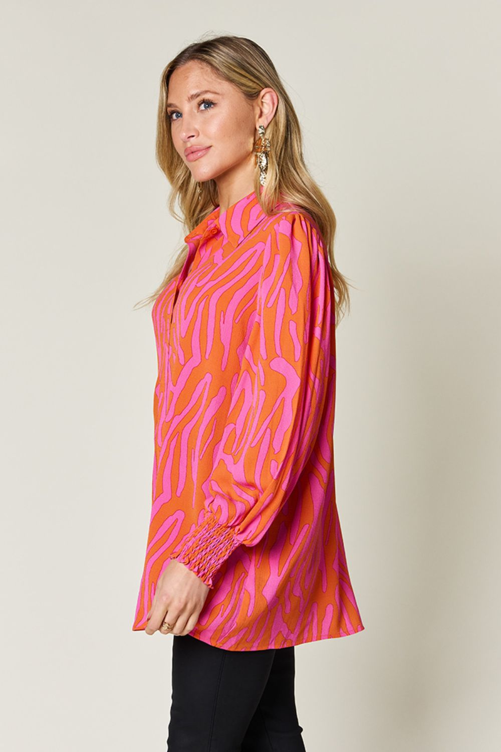 Double Take Full Size Printed Smocked Long Sleeve Blouse - Bella Blue Styles