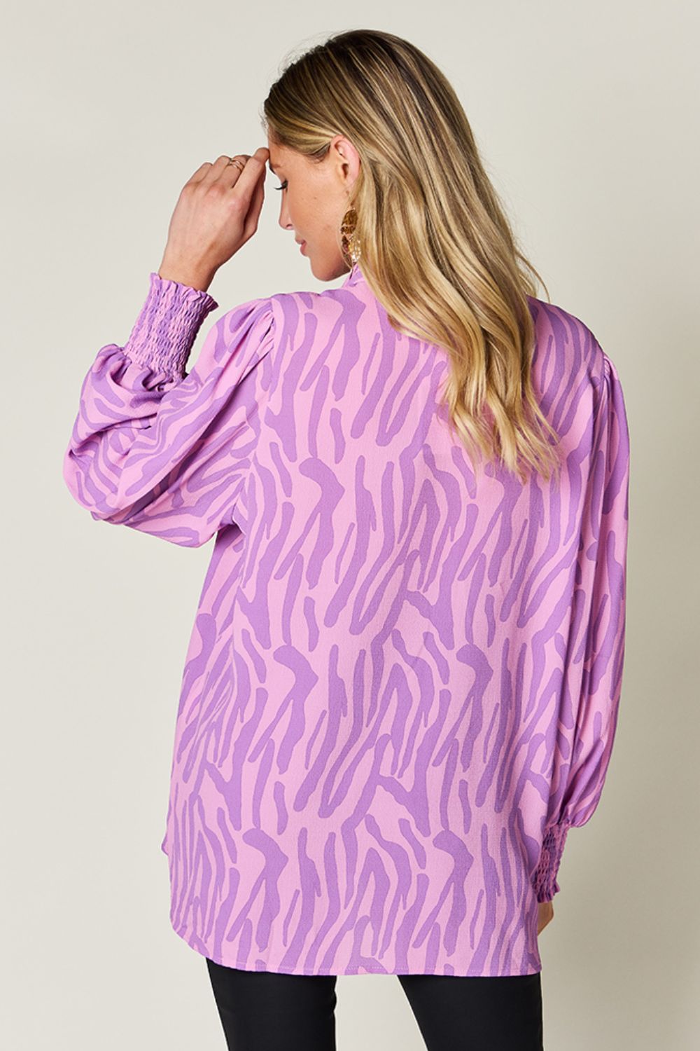 Double Take Full Size Printed Smocked Long Sleeve Blouse - Bella Blue Styles