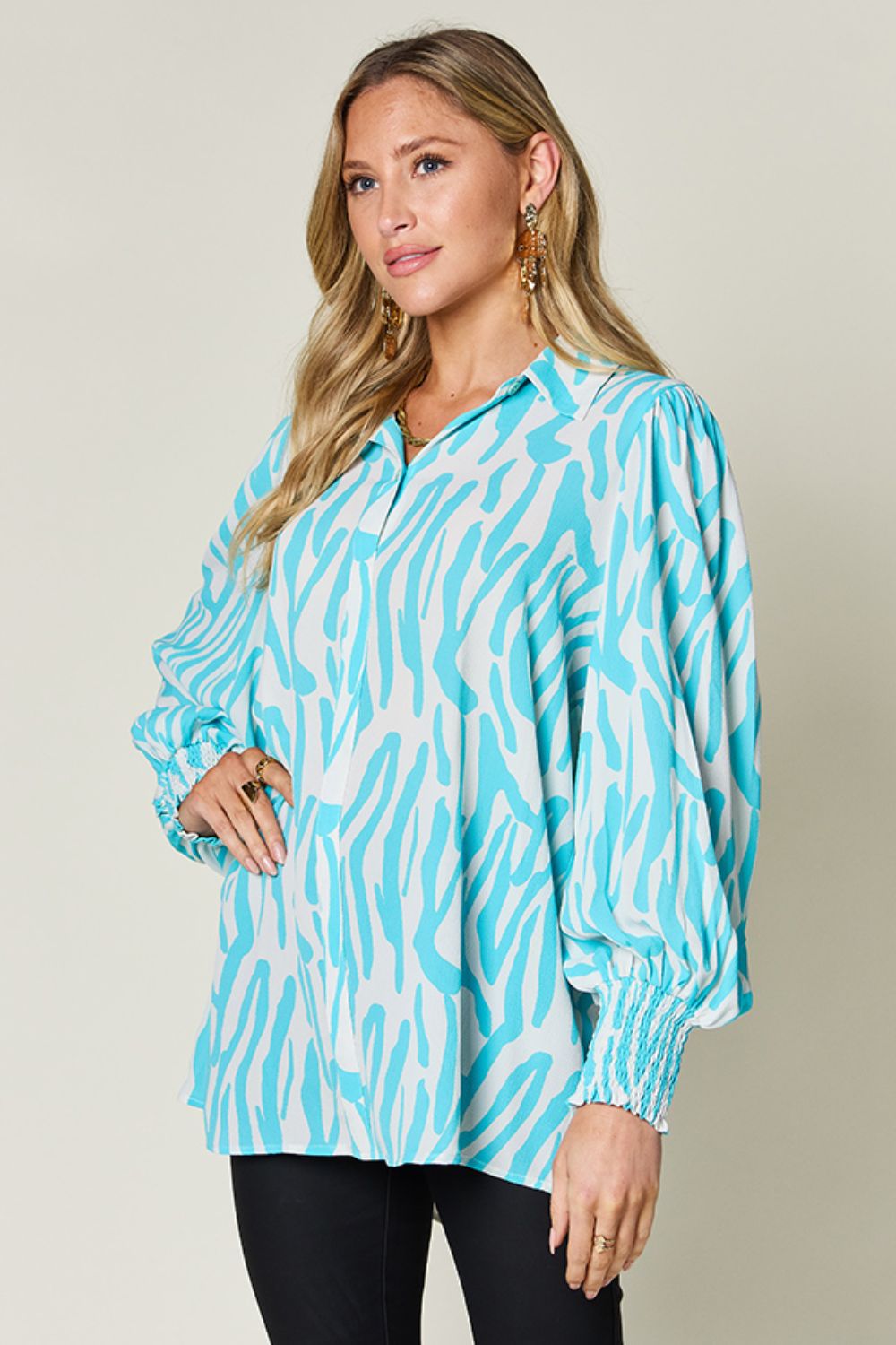 Double Take Full Size Printed Smocked Long Sleeve Blouse - Bella Blue Styles