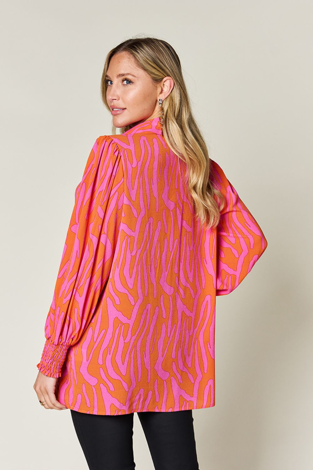 Double Take Full Size Printed Smocked Long Sleeve Blouse - Bella Blue Styles