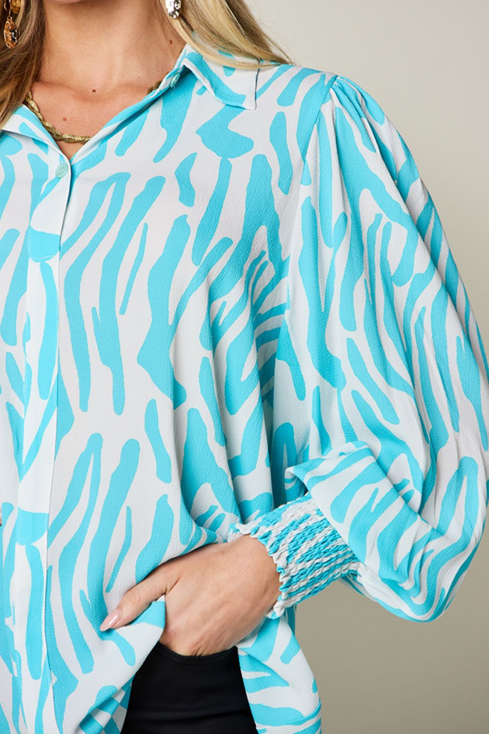 Double Take Full Size Printed Smocked Long Sleeve Blouse - Bella Blue Styles