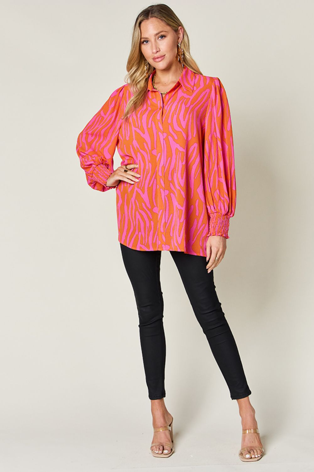 Double Take Full Size Printed Smocked Long Sleeve Blouse - Bella Blue Styles