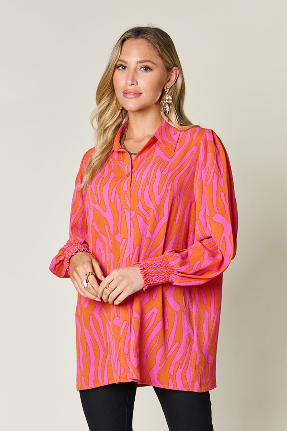 Double Take Full Size Printed Smocked Long Sleeve Blouse - Bella Blue Styles