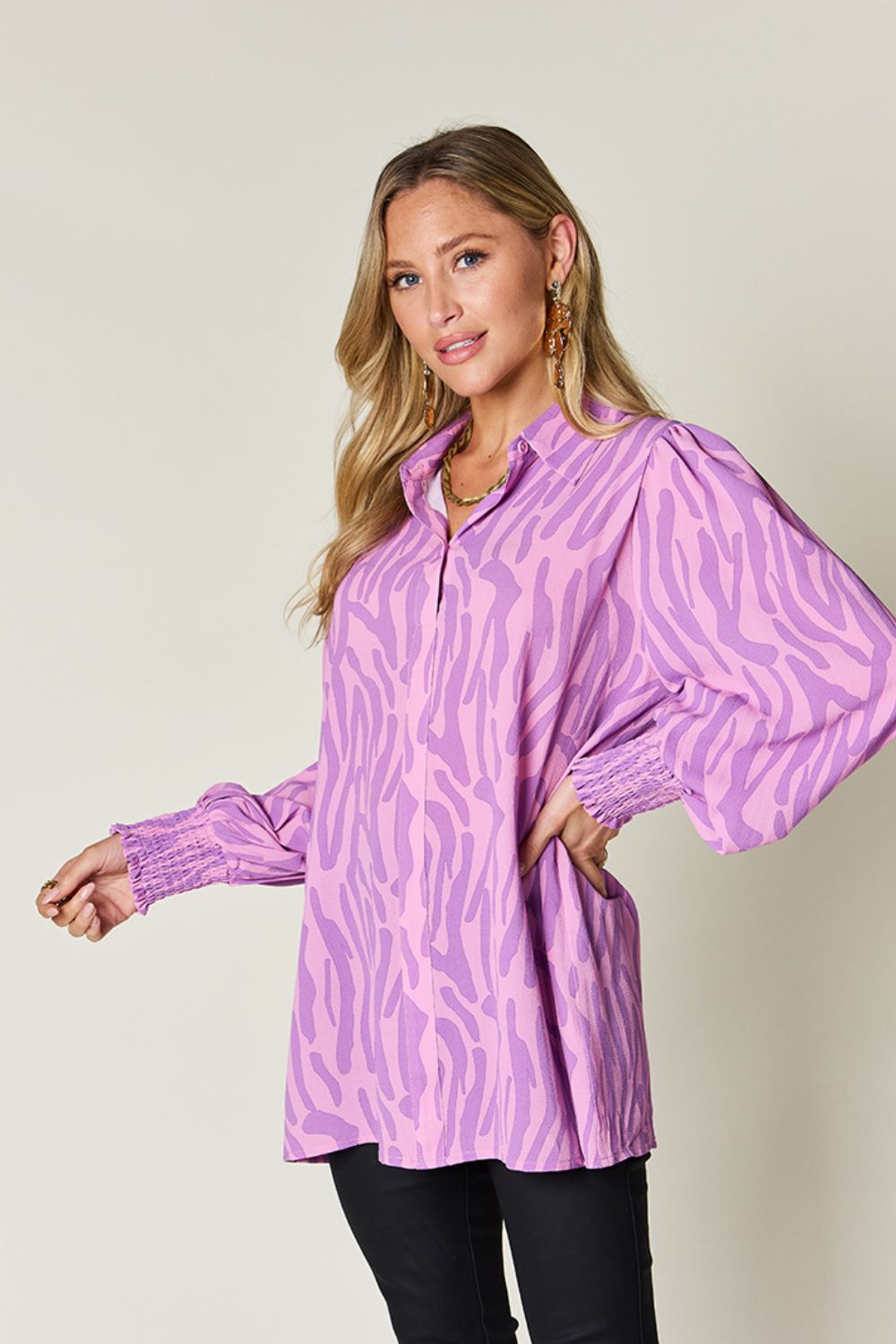 Double Take Full Size Printed Smocked Long Sleeve Blouse - Bella Blue Styles