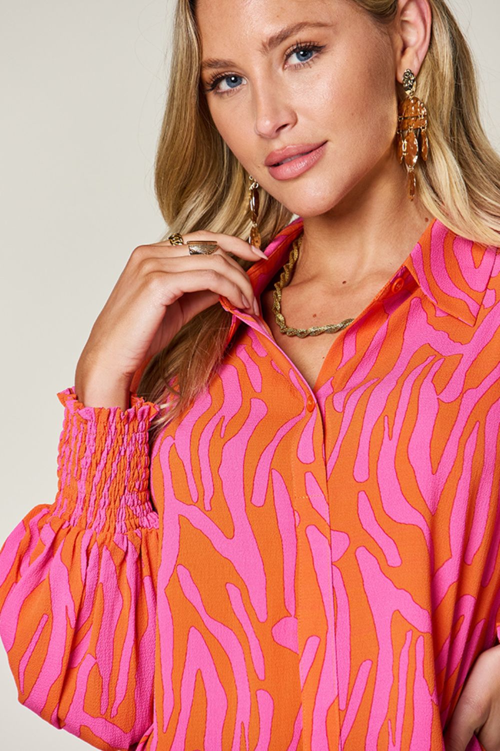 Double Take Full Size Printed Smocked Long Sleeve Blouse - Bella Blue Styles