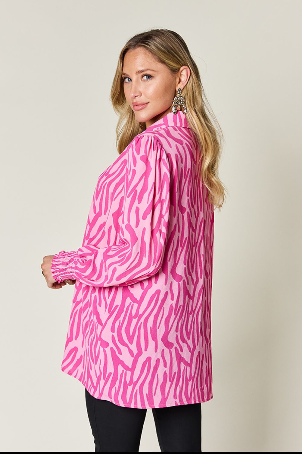 Double Take Full Size Printed Smocked Long Sleeve Blouse - Bella Blue Styles