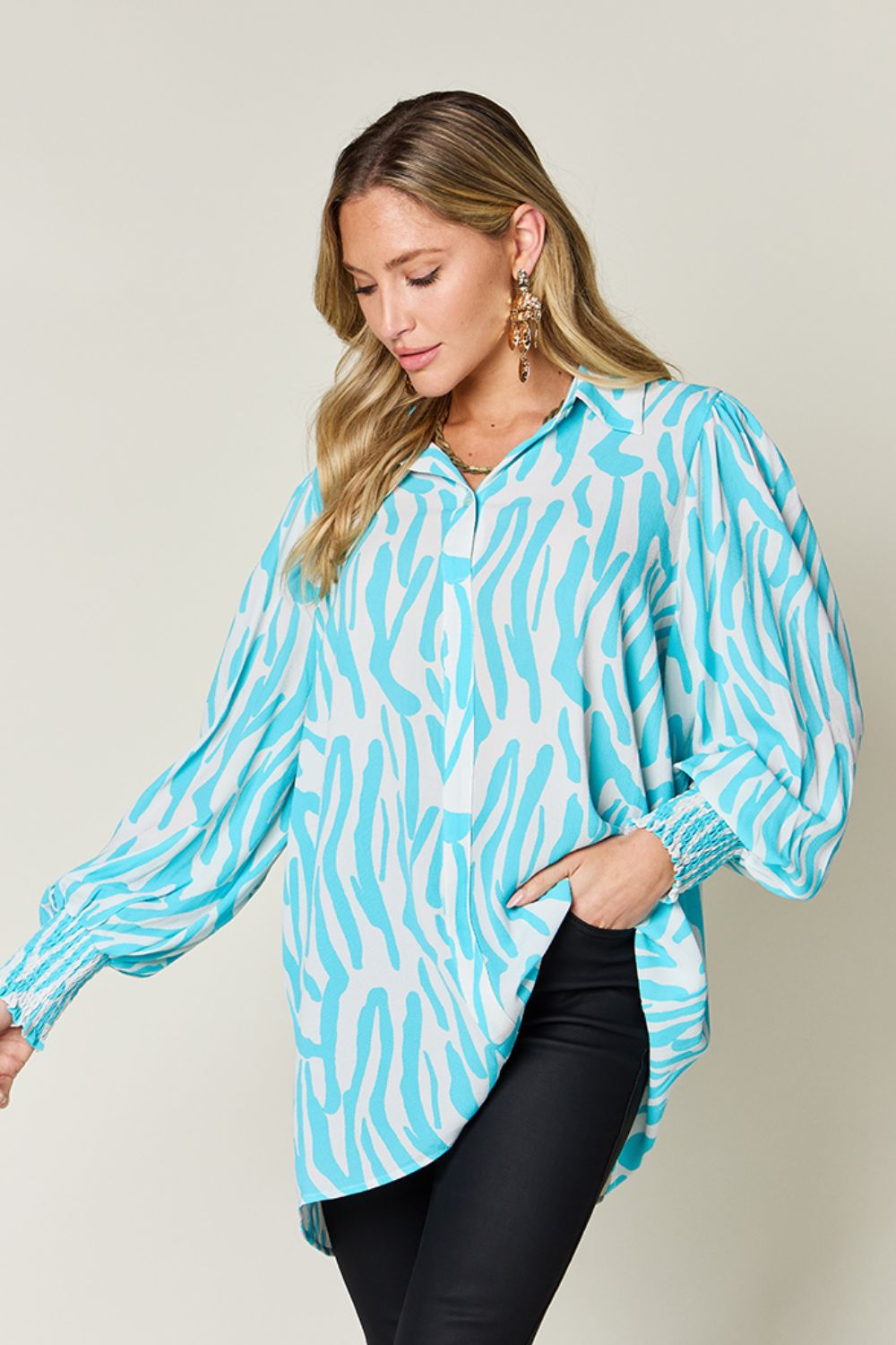 Double Take Full Size Printed Smocked Long Sleeve Blouse - Bella Blue Styles