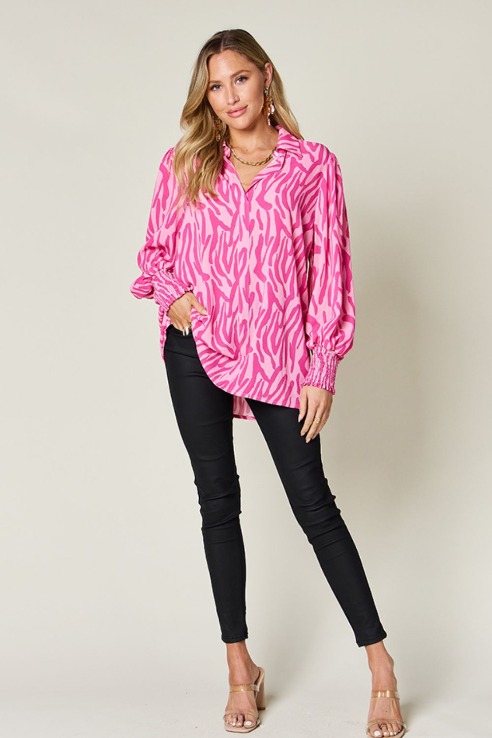 Double Take Full Size Printed Smocked Long Sleeve Blouse - Bella Blue Styles