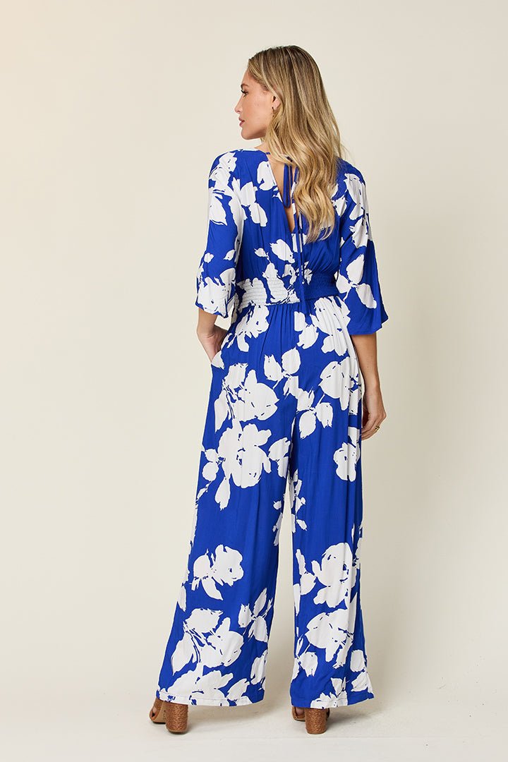Double Take Full Size Printed Tie Back Wide Leg Jumpsuit - Bella Blue Styles