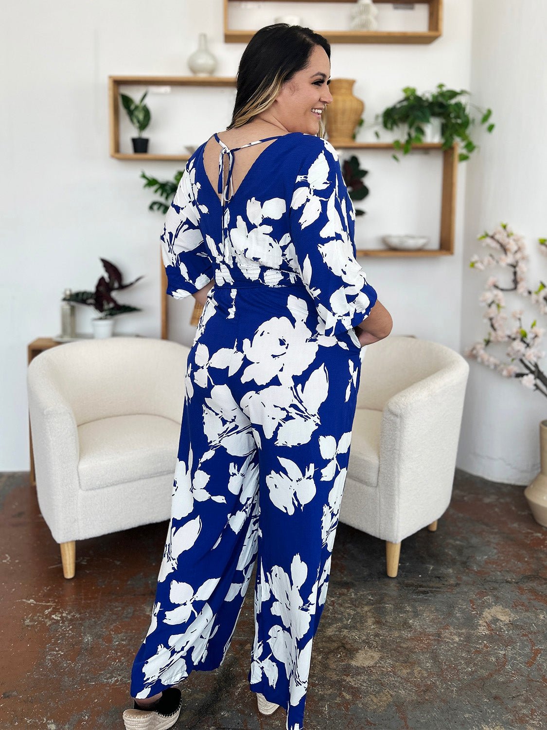 Double Take Full Size Printed Tie Back Wide Leg Jumpsuit - Bella Blue Styles