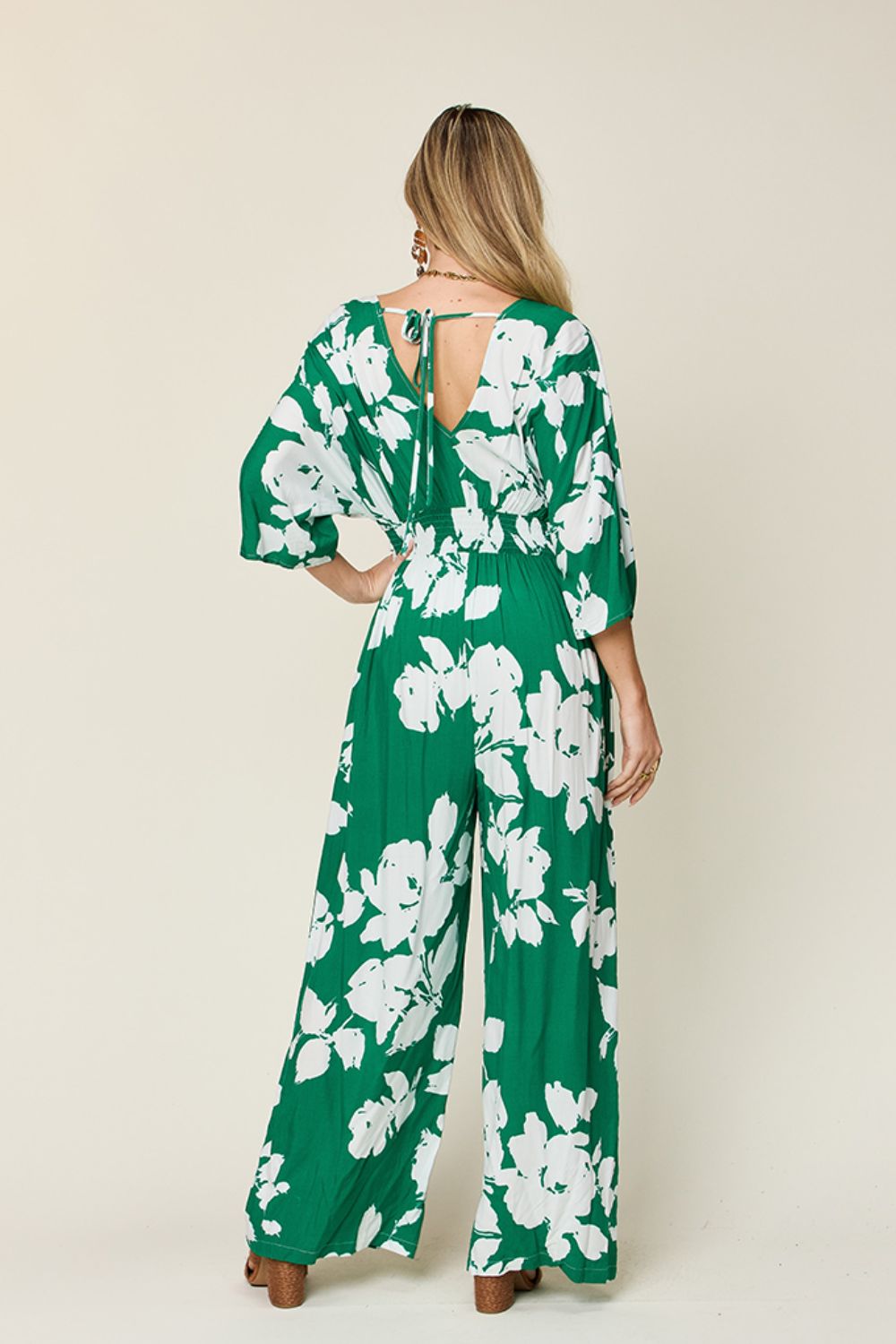 Double Take Full Size Printed Tie Back Wide Leg Jumpsuit - Bella Blue Styles