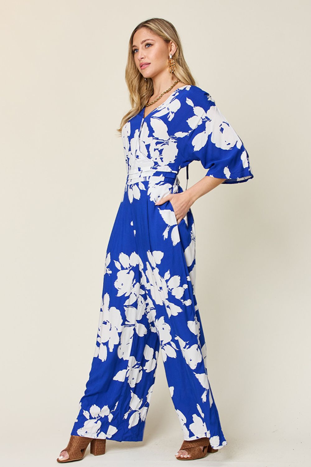 Double Take Full Size Printed Tie Back Wide Leg Jumpsuit - Bella Blue Styles