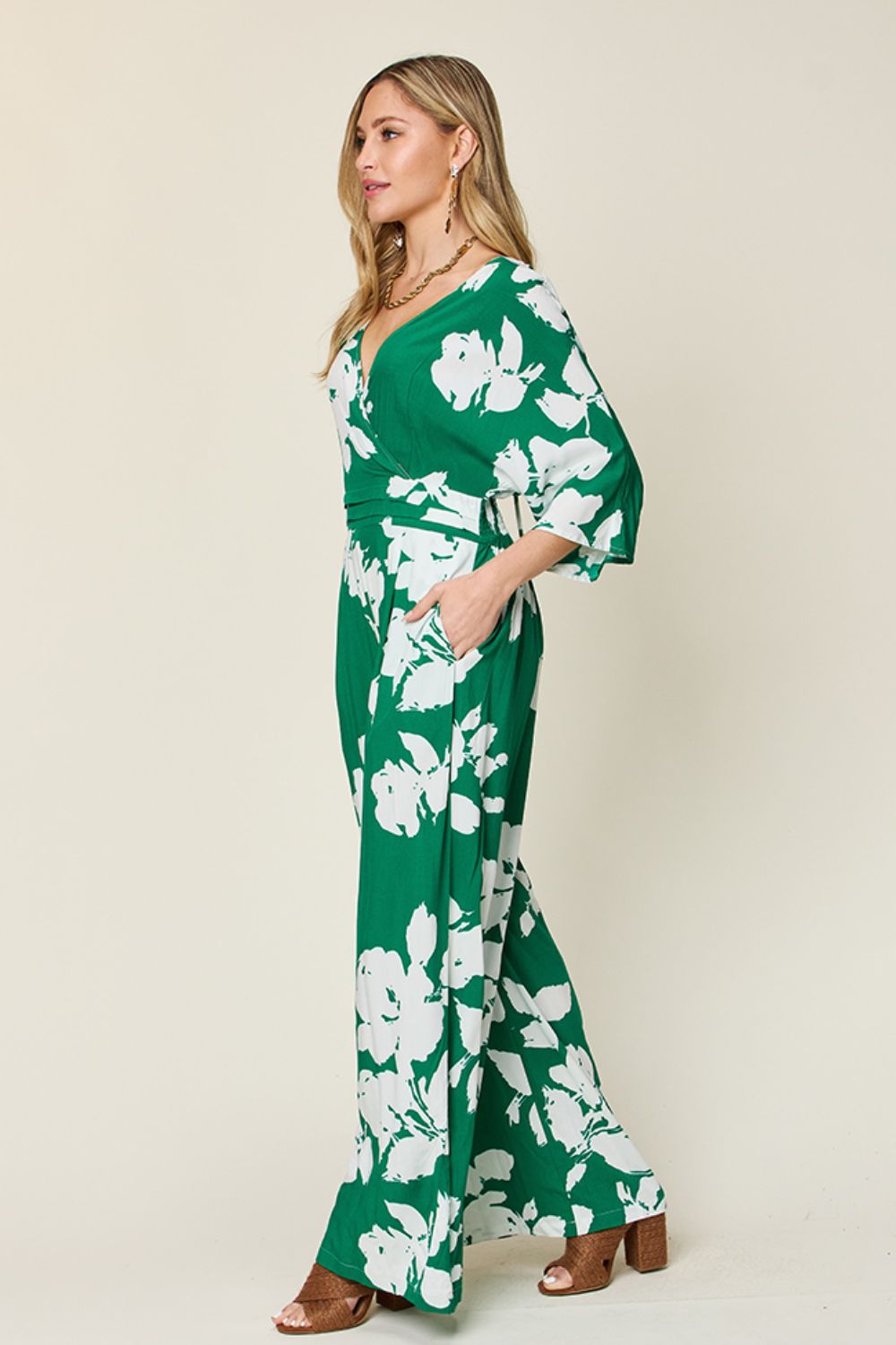 Double Take Full Size Printed Tie Back Wide Leg Jumpsuit - Bella Blue Styles