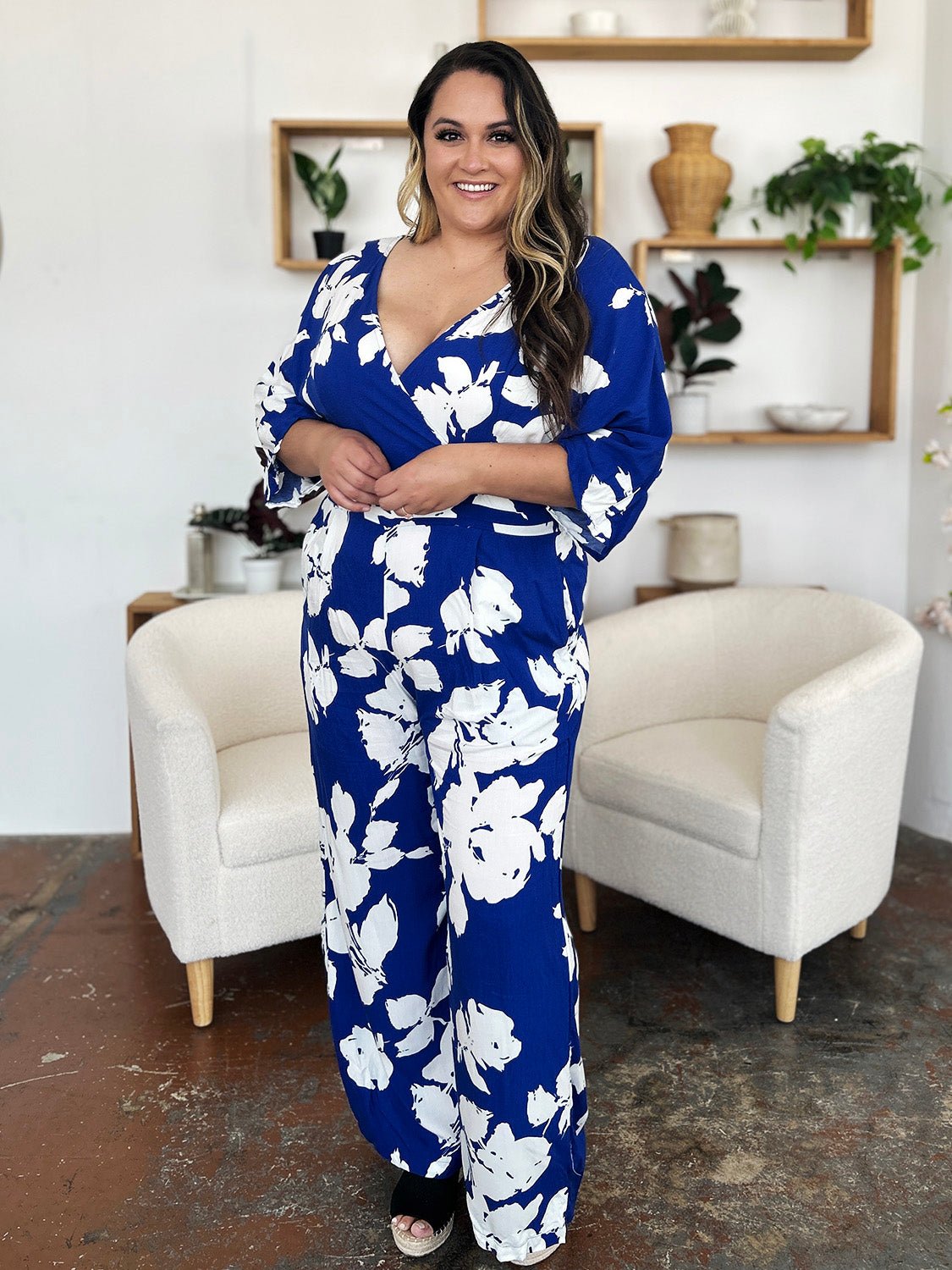 Double Take Full Size Printed Tie Back Wide Leg Jumpsuit - Bella Blue Styles