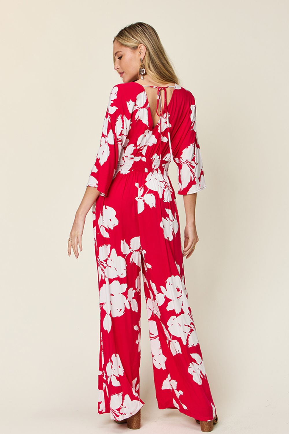 Double Take Full Size Printed Tie Back Wide Leg Jumpsuit - Bella Blue Styles