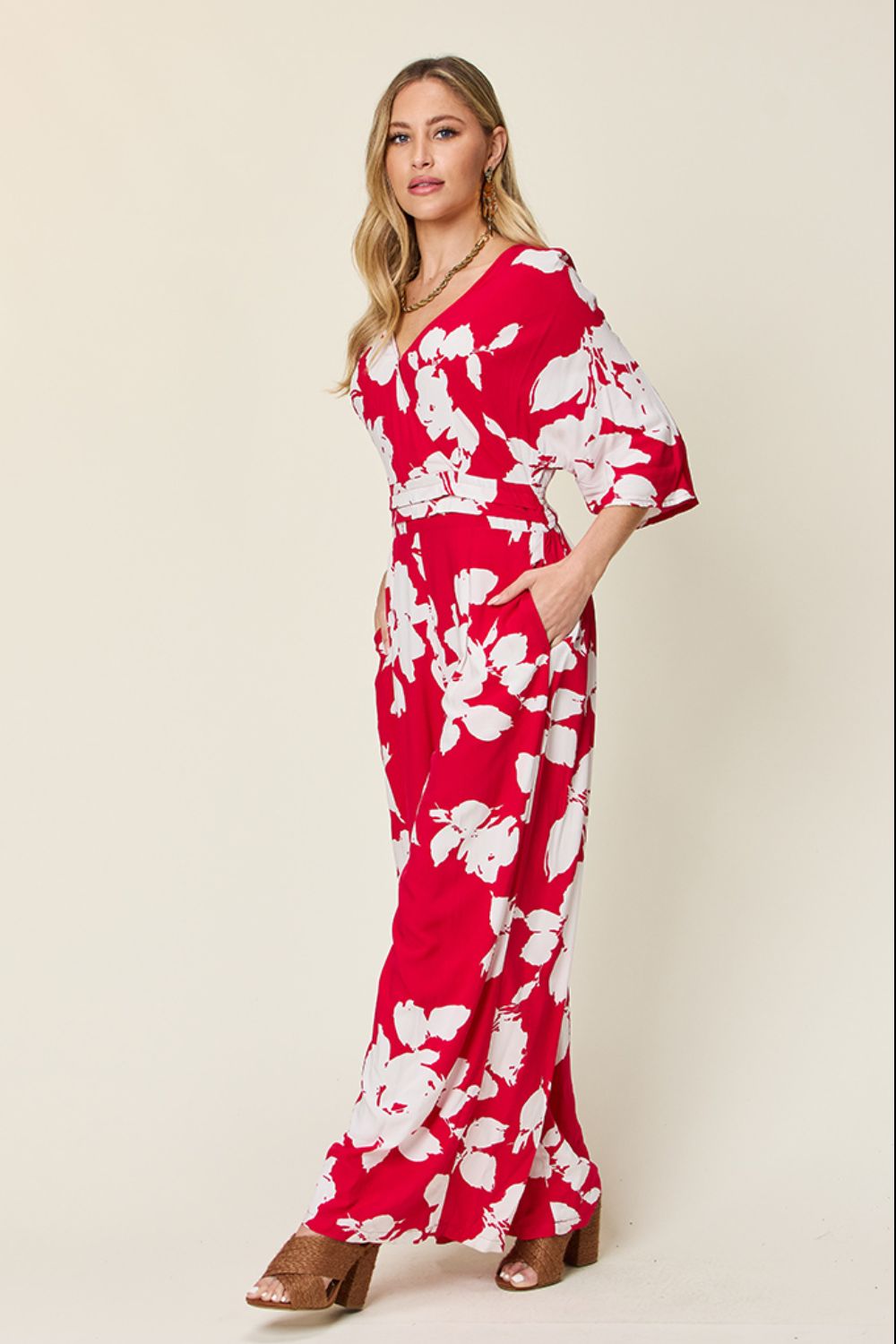 Double Take Full Size Printed Tie Back Wide Leg Jumpsuit - Bella Blue Styles
