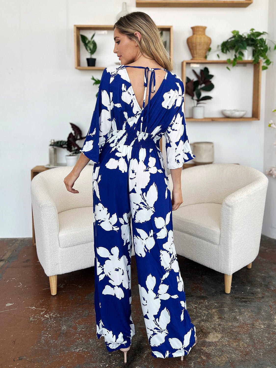 Double Take Full Size Printed Tie Back Wide Leg Jumpsuit - Bella Blue Styles