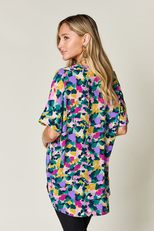 Double Take Full Size Printed V - Neck Short Sleeve Side Slit Top - Bella Blue Styles