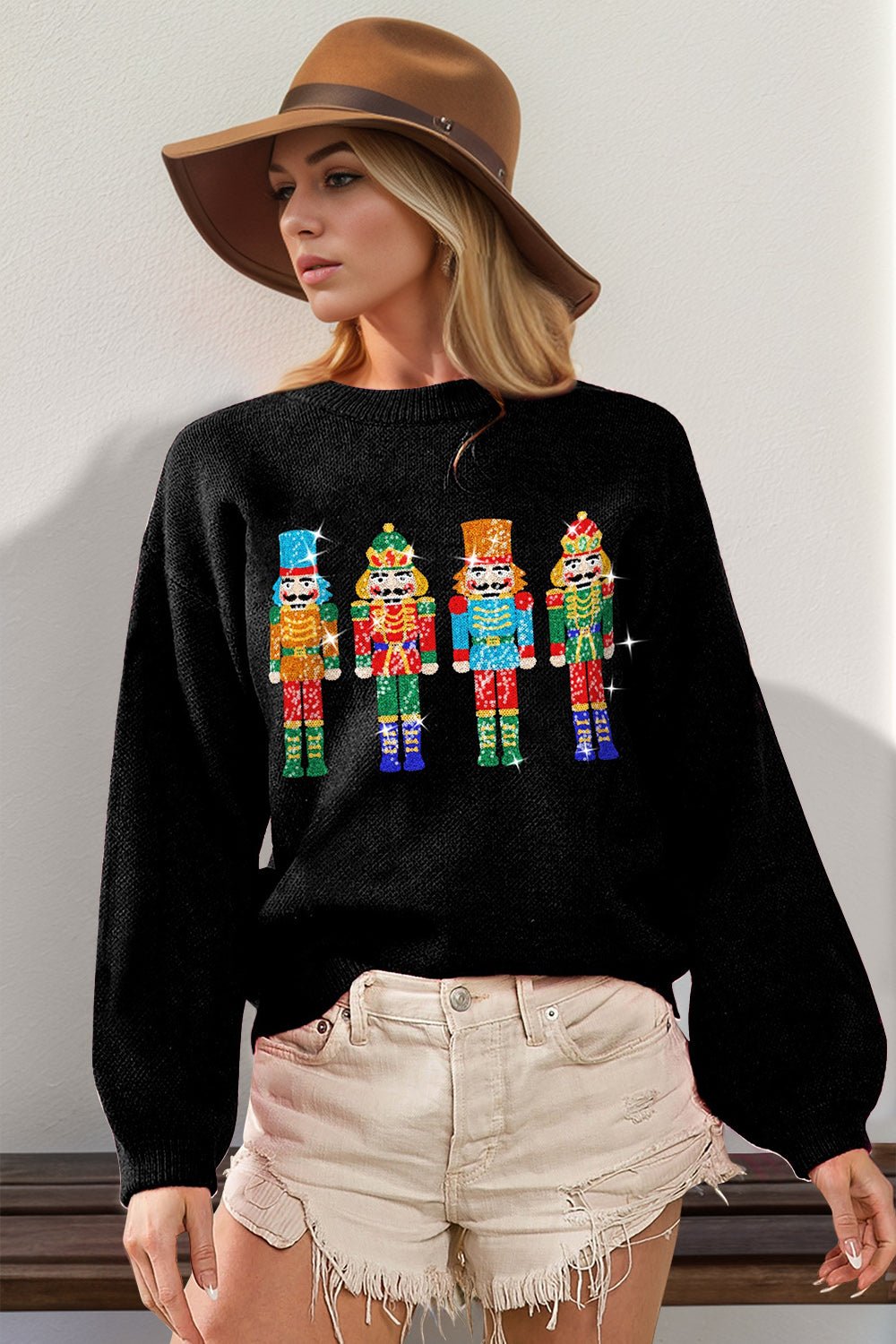 Double Take Full Size Sequin Nutcracker Long Sleeve Sweater - Bella Blue Styles
