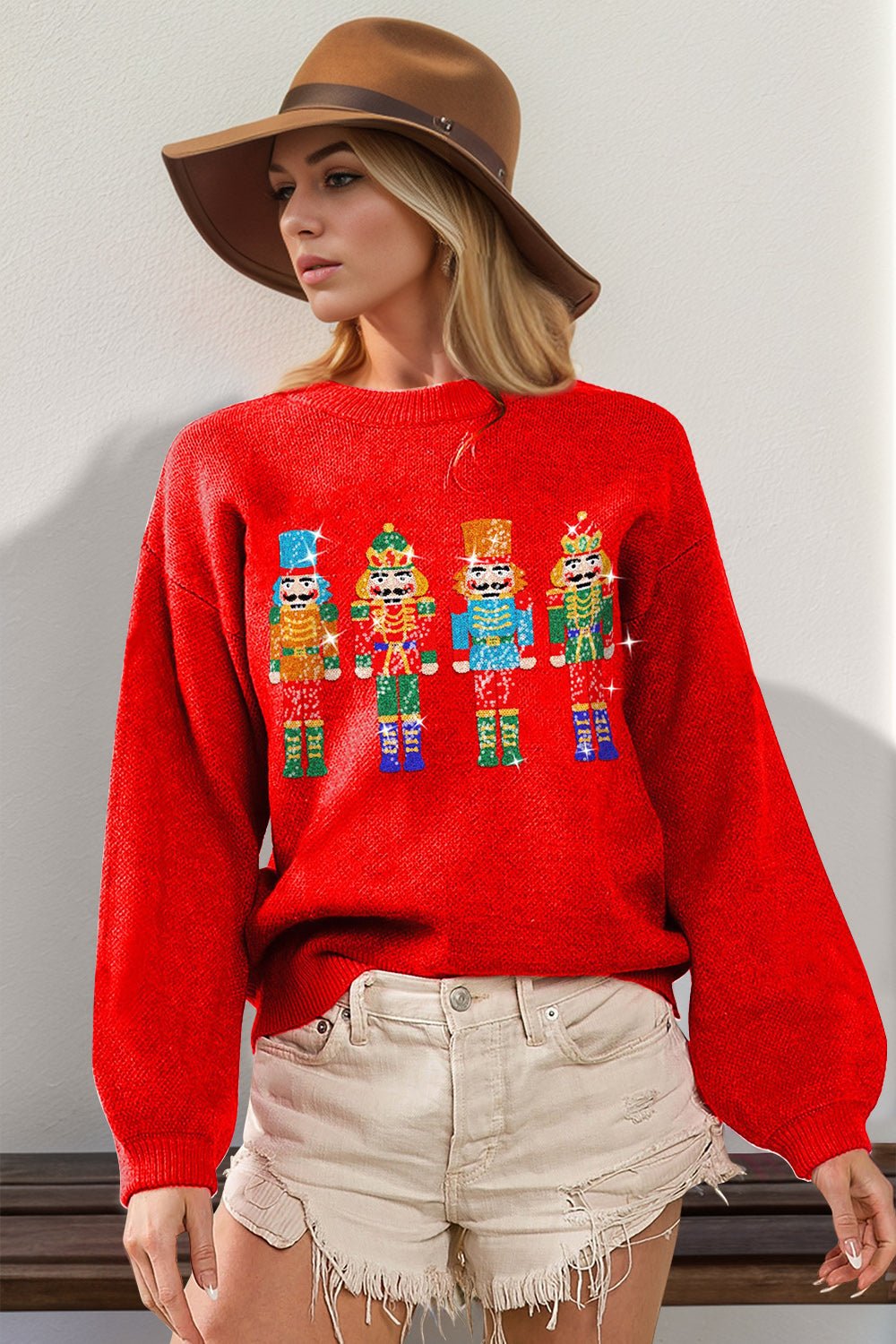 Double Take Full Size Sequin Nutcracker Long Sleeve Sweater - Bella Blue Styles