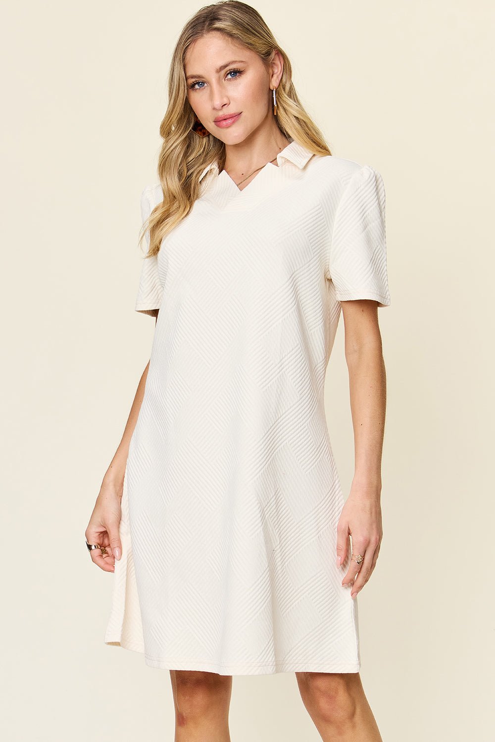 Double Take Full Size Texture Collared Neck Short Sleeve Dress - Bella Blue Styles