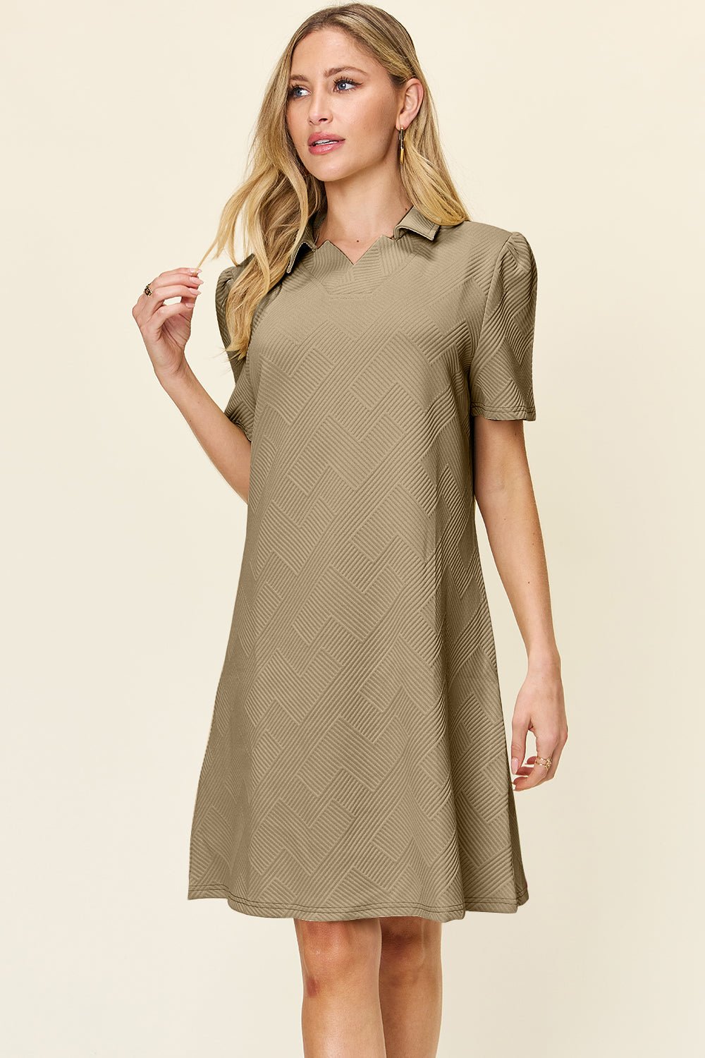 Double Take Full Size Texture Collared Neck Short Sleeve Dress - Bella Blue Styles