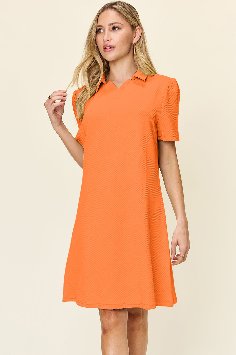 Double Take Full Size Texture Collared Neck Short Sleeve Dress - Bella Blue Styles
