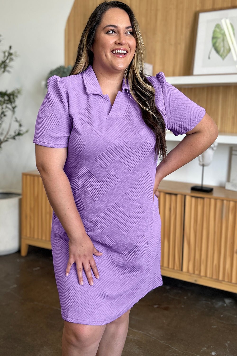 Double Take Full Size Texture Collared Neck Short Sleeve Dress - Bella Blue Styles