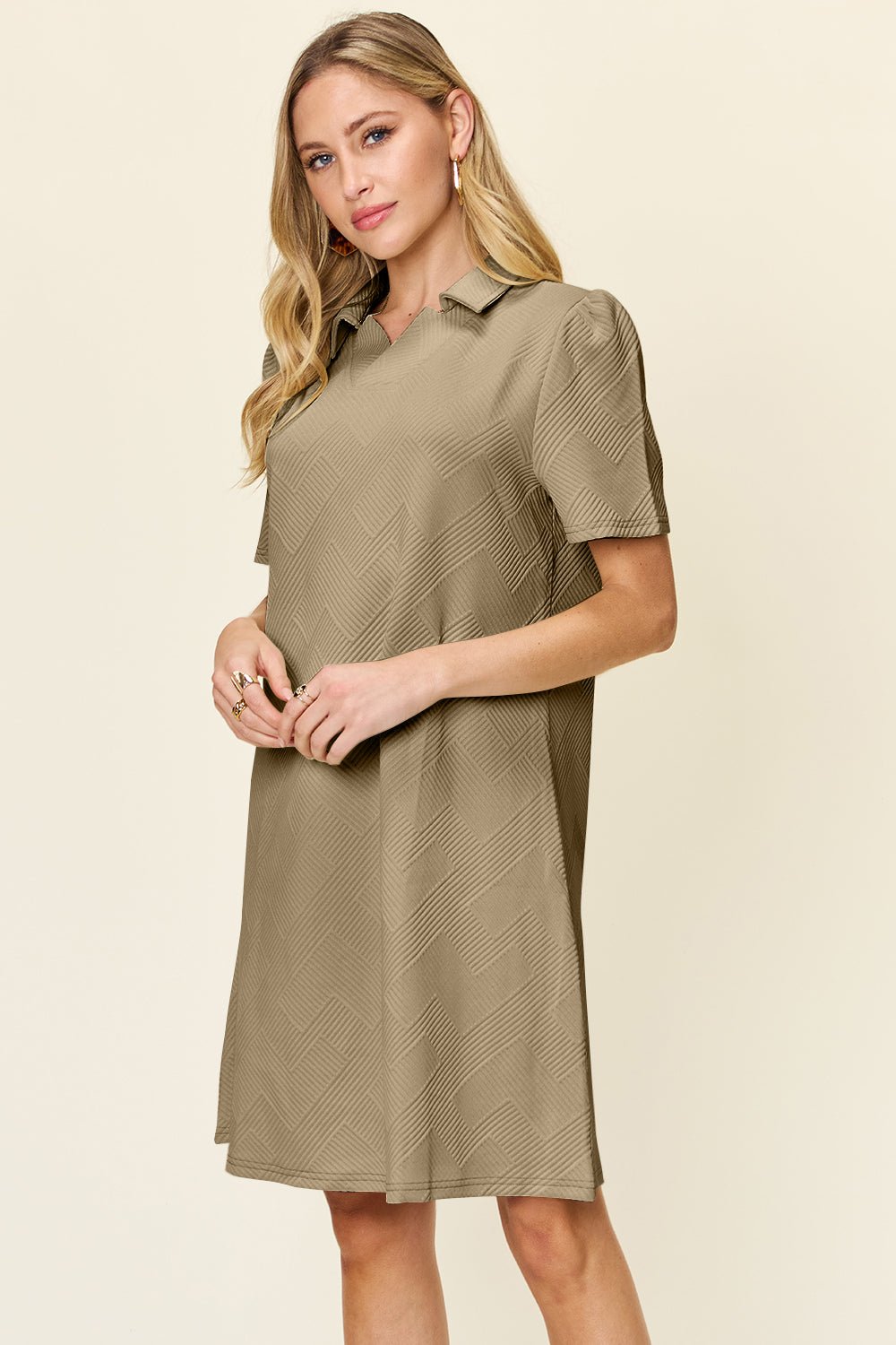 Double Take Full Size Texture Collared Neck Short Sleeve Dress - Bella Blue Styles