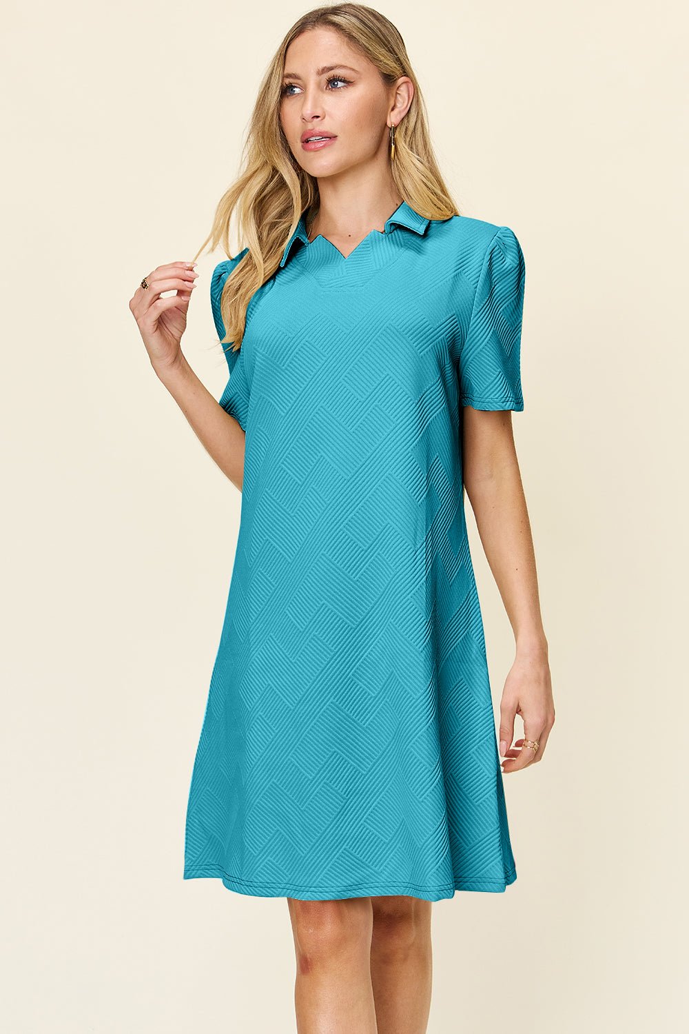 Double Take Full Size Texture Collared Neck Short Sleeve Dress - Bella Blue Styles