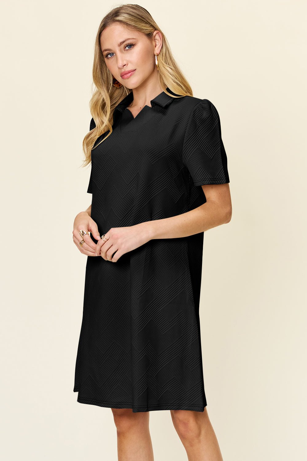 Double Take Full Size Texture Collared Neck Short Sleeve Dress - Bella Blue Styles