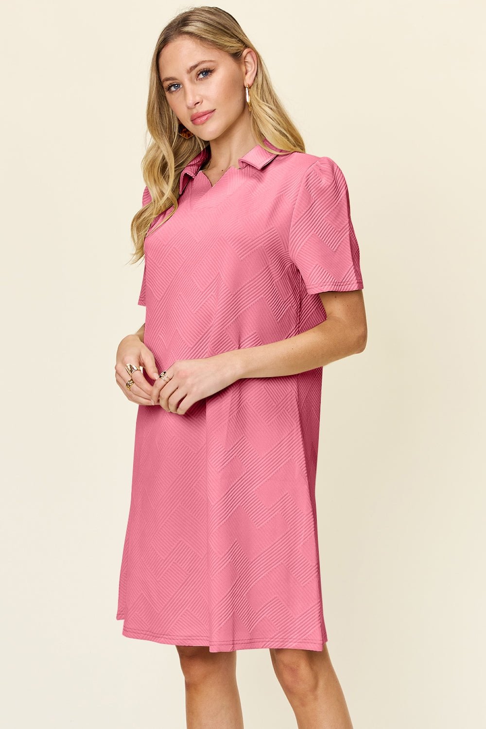 Double Take Full Size Texture Collared Neck Short Sleeve Dress - Bella Blue Styles