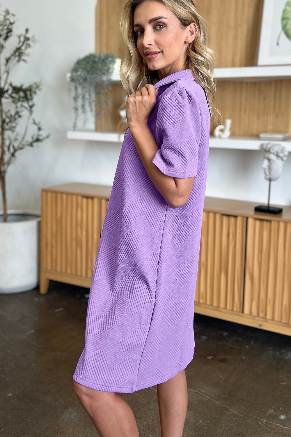 Double Take Full Size Texture Collared Neck Short Sleeve Dress - Bella Blue Styles
