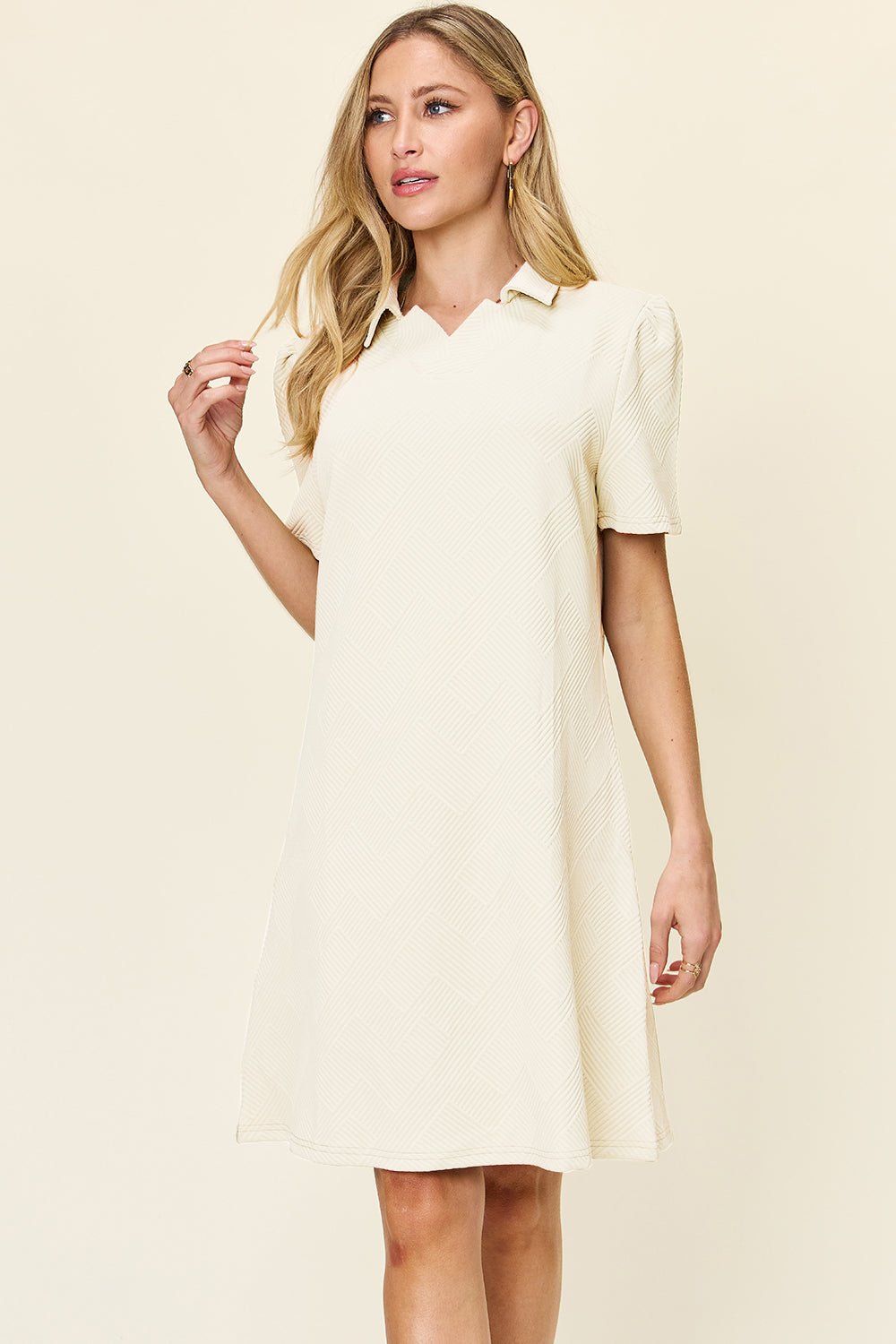 Double Take Full Size Texture Collared Neck Short Sleeve Dress - Bella Blue Styles