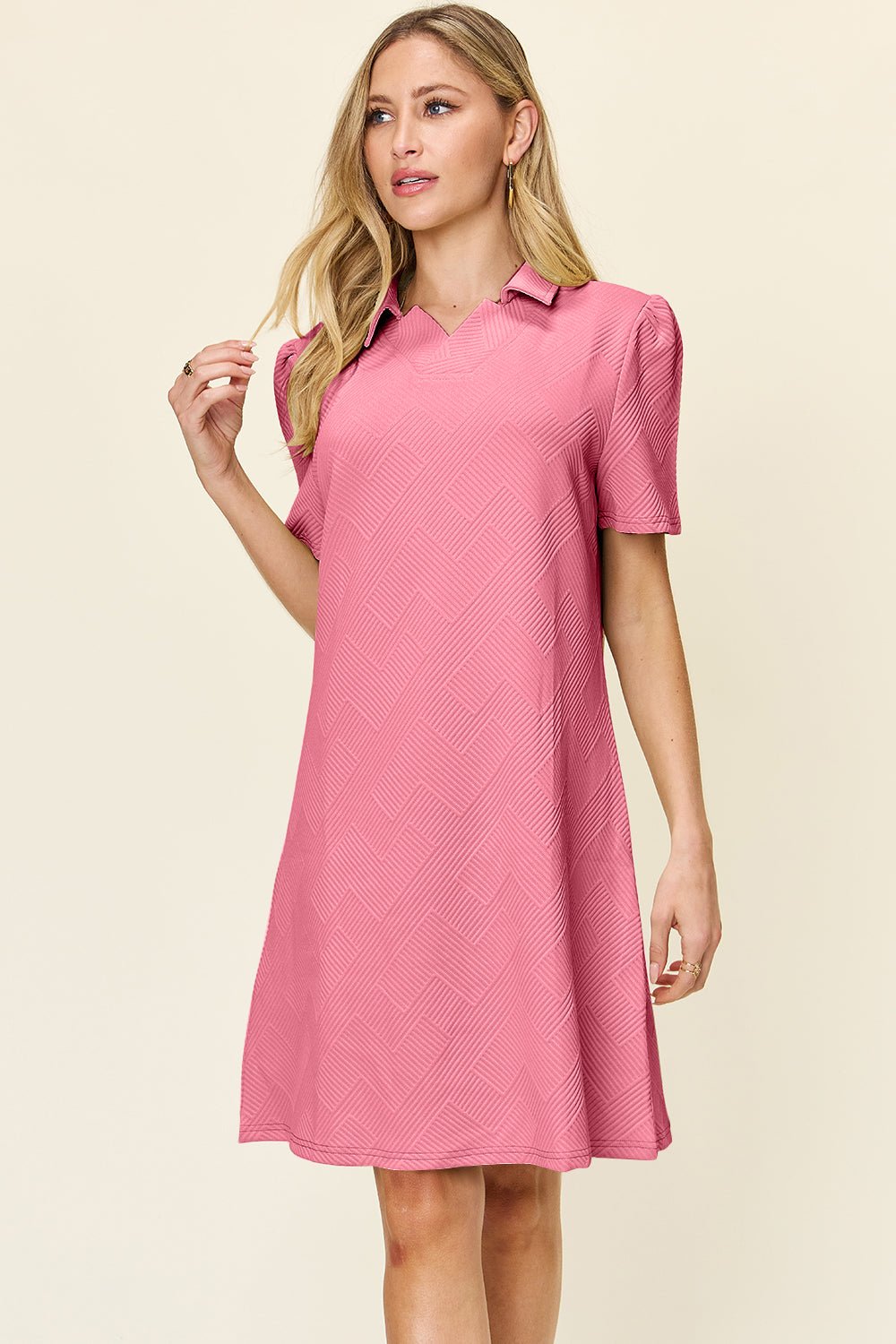 Double Take Full Size Texture Collared Neck Short Sleeve Dress - Bella Blue Styles