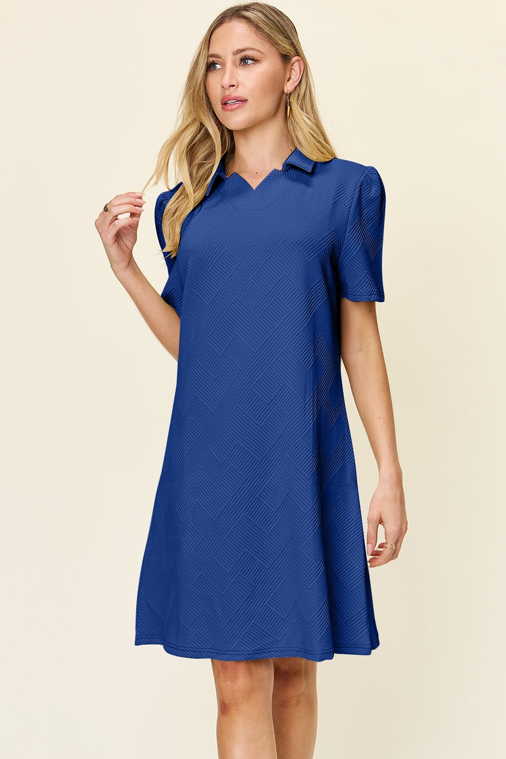 Double Take Full Size Texture Collared Neck Short Sleeve Dress - Bella Blue Styles